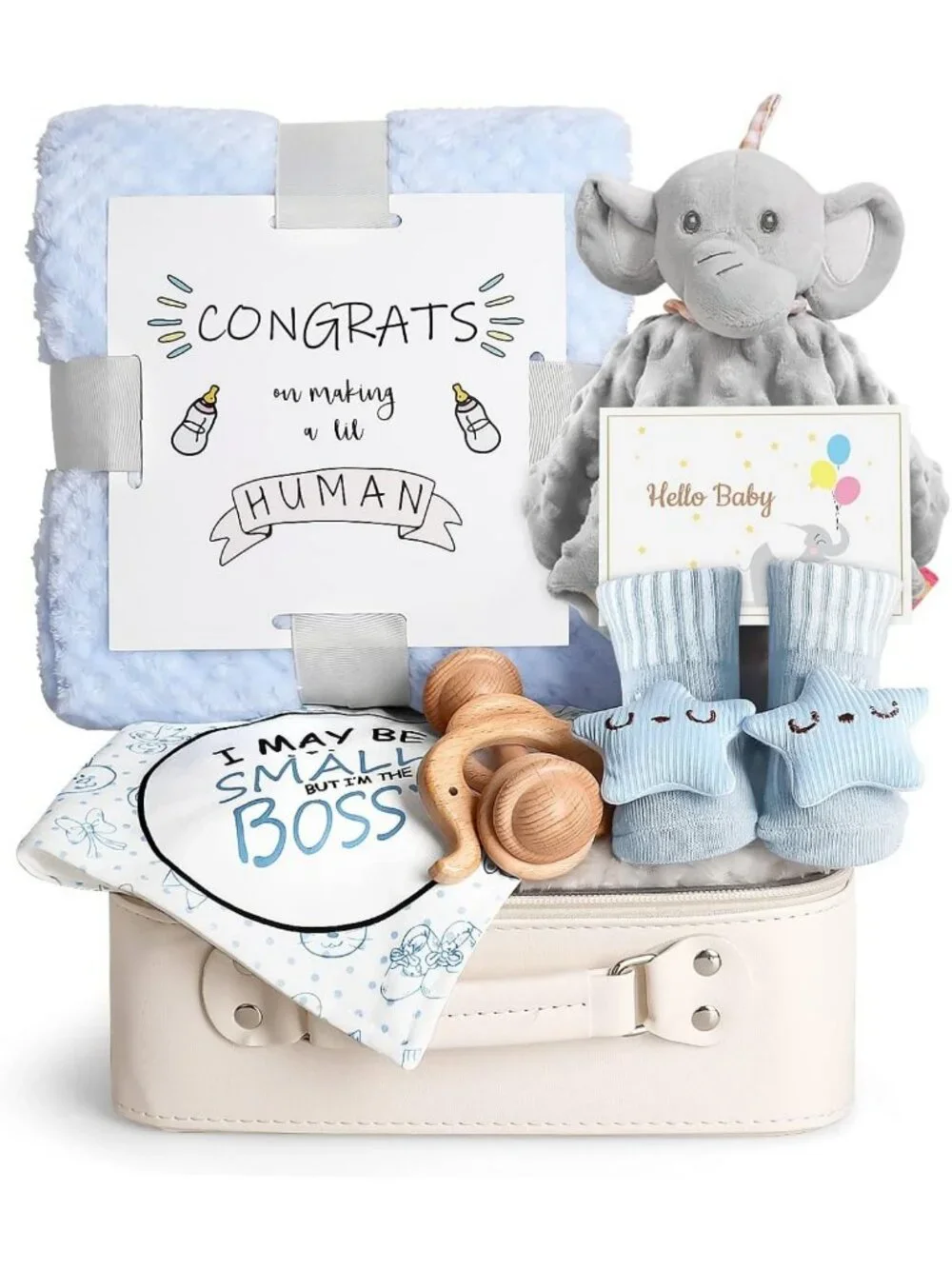 Adorable Baby Boy Gift Basket Set | Newborn Blanket, Elephant Lovey, Rattle